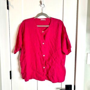 Vtg Russ Berens 100% Linen Hot Pink Button-Up Boxy Lagenlook Top Short Sleeve M